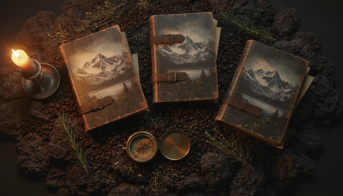 Ali Chalmer books, coffee, and a map beside a mountain campfire