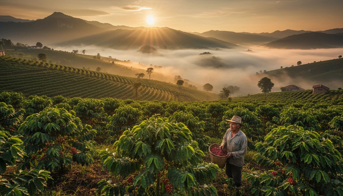 Campos de café y montañas de agua en el paisaje de Ali Chalmer